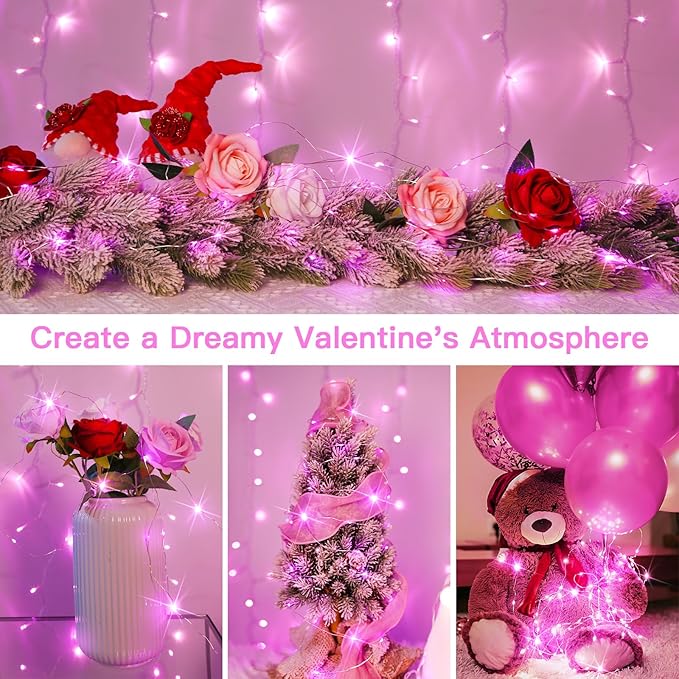 suddus Pink Valentine Day Fairy Lights Battery Operated, 66ft 200 LED String Lights with Remote & Timer, Waterproof Twinkle Lights for Bedroom, Romantic Wedding, Party, Indoor & Outdoor Decor