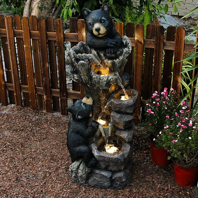 YZM 40.16" H 5 Tier Outdoor Fountain Black Bears Climbing Tree Garden Water Fountain Outdoor Water Feature Resin for Farmhouse Patio Yard Deck Home Lawn Porch House Relaxation Exterior Balcony