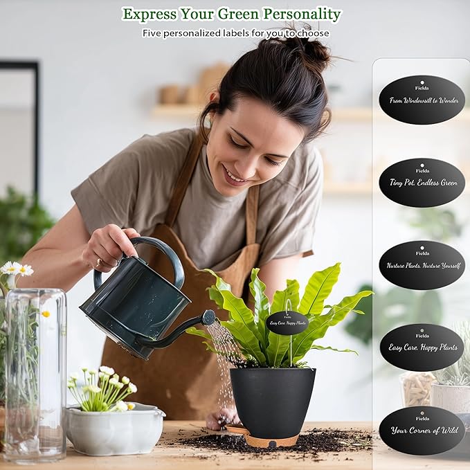Fielda Self Watering Pots for Inoor Ourdoor Plants 8/7/6.5/6/5 Inch Plastic Planters with Drainage Holes & Water Level Indicator, Decorative House Flower Nursery Planting Pots with Saucers (Black)