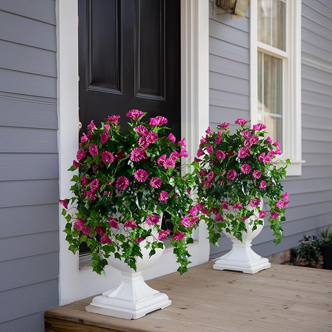 Morning Glory Artificial Hanging Flowers for Outdoors 3 Pcs Fake Petunias Flower Faux Silk Long Trailing Vines Realistic Flower for Front Door Porch Patio Balcony Garden Yard Decor (3 Pcs Fuchsia)