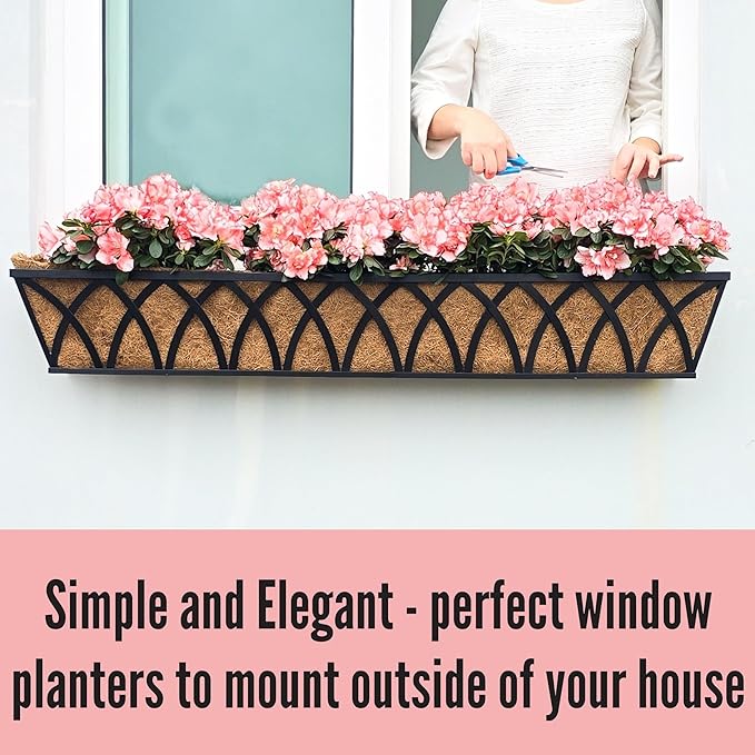 LaLaGreen Wall Planters (2 Pack, 48") Rectangular Black Metal Hanging Window Planter Box with Coco Liner, Flower Basket Plant Holder Attach House Outdoor Deck Railing Garden Patio Porch Balcony Fence