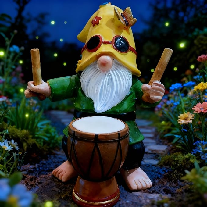 Garden Gnome Outdoor Decorative Statue, Yellow Hat with Sunglasses, Green Outfit, Drummer Design for Patio and Lawn Decor