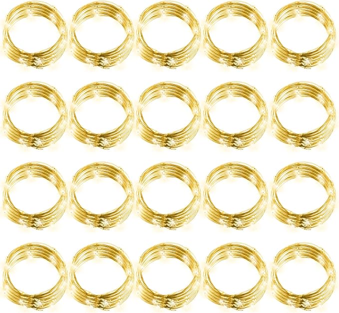 Hortsun 20 Packs Fairy Lights Battery Operated 3 Speed Modes, 7 Ft/ 2 M 20 LED Battery String Mini Waterproof Wire Twinkle Lights Bulk for Wedding Party Birthday Vases Decor (Warm White)