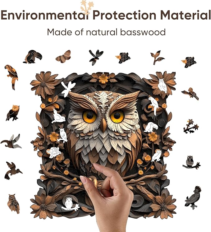 Qiuenisray Wooden Puzzles for Adults, Metal Owl Jigsaw Puzzles 200 Pieces, FSC Certified Unique Animal Adult Wood Puzzles Pieces, Creative Gift for Family Game 11.2x11.1 in