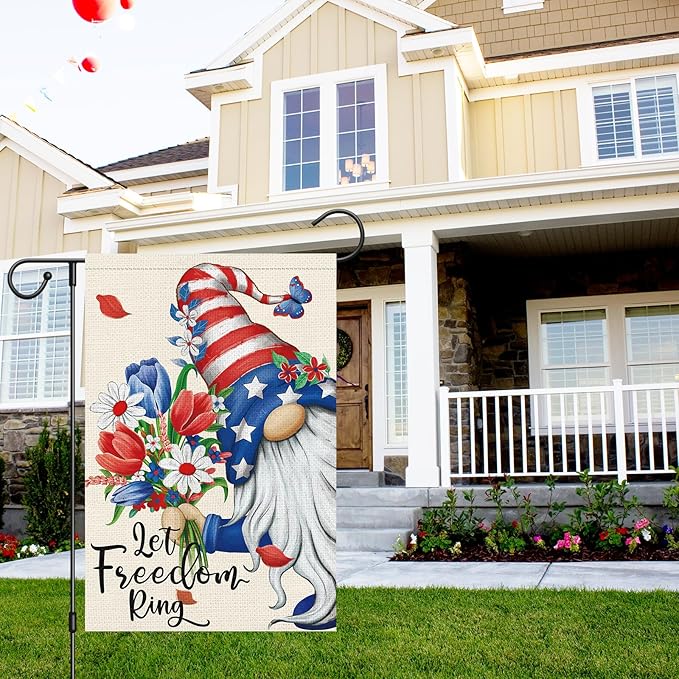 Let Freedom Ring Garden Flag 12x18 Inch Double Sided Burlap, 4th of July Gnome Garden Flags Patriotic Memorial Day Flower Yard Flag for Independence Day Outdoor Decor (ONLY FLAG)