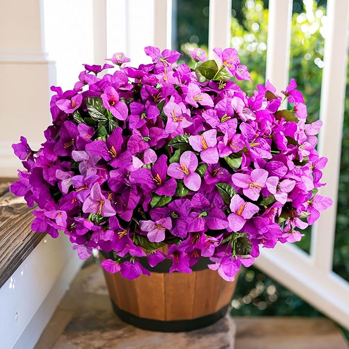 Ivydale Spring Artificial Flowers for Outdoors, 4 Bundles Fake Bougainvillea UV Resistant Faux Silk Flowers Realistic Outdoor Plants for Planter Patio Porch Window Garden Home Decor, Mixed Fuchsia