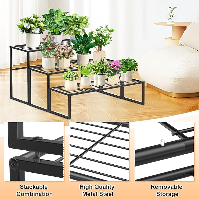 Gouisalin 3 Tier Metal Plant Stand Indoor Outdoor, Potted Multiple Flower Pot Holder Rack Plant Shelf, Heavy Duty Planter Display Shelving for Patio Balcony Garden Living Room Decorative (3 Tier- Black)