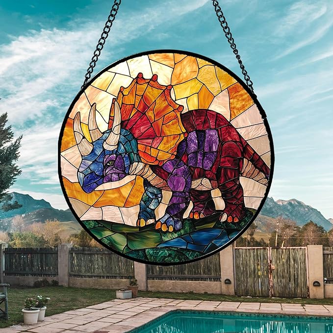Stained Glass Window Hanging - Triceratops Abstract Dinosaur Suncatcher for Door Terrace Garden Home Decor, Orange Red Sun Catcher Birthday Gifts for Lovers Women Men Dad Mom Nana 15 in