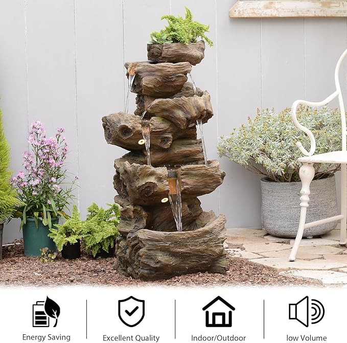 40.6" H Wood-Like Water Fountain Indoor & Outdoor, 5-Tier Natural Cascading Waterfall with LED Light for Patio, Porch, Garden, Home Decor, Medium Wood