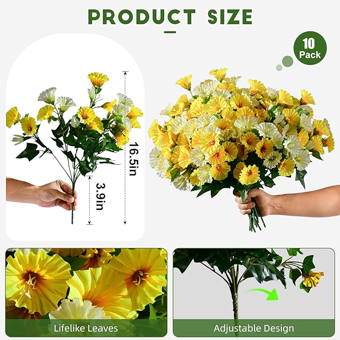 Artificial Morning Glory Flowers Plants for Outdoor 8 Pcs Faux Silk Petunias Flower Realistic Faux Flowers Plants for Outside Planter Porch Yard Patio Balcony Home Indoor Decor (8 Pcs Yellow+White)