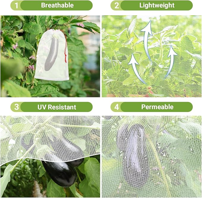 Fruit Protection Bags for Fruit Tree, 50pcs 8x12 in Grape Netting Bags with Drawstring, Reusable Cover Mesh Protect Plants Flowers Veggies from Insects Birds Flies