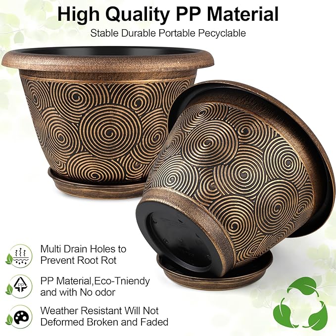 Fodetyff 14 Inch Large Planter Pot for Plants Indoor Outdoor, 4 Pack Plastic Flower Pots with Drainage Hole & Tray, Modern Decorative Garden Pot with Saucer, Plant Container for House
