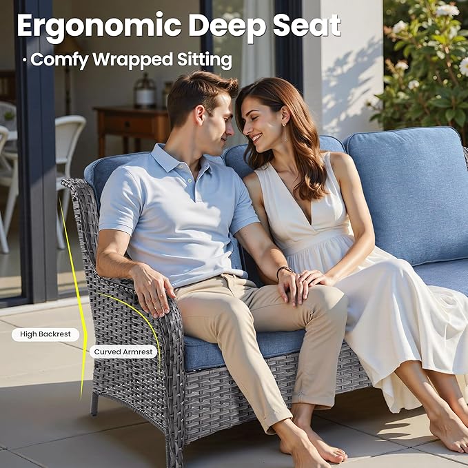 ovios 10 Pieces Patio Furniture Set, Outdoor Wicker Sofa Couch with Swivel Chairs 54" Fire Pit Table, High Back Modern All Weather Conversation Sets, Grey Rattan, Denim Blue