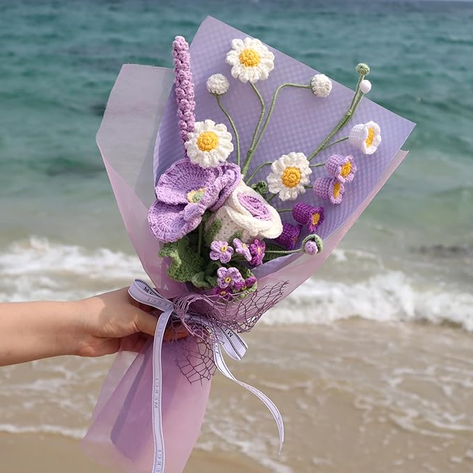 YOOJEE Crochet Purple Ombre Rose Tulip Bouquet Christmas Pet-Safe Handmade Knitted Florals for Women Coworkers Teachers with Greeting Card
