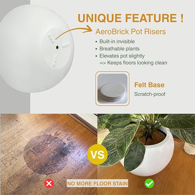 KUTE NEST 6.9" H x 19.7" D Round Bowl Fiberstone Planter for Succulent and Lotus with Drainage Hole, Smooth Finishes, Weather Resistant, Included 2 Extra Coco Mats (White, 17.9" Pot Opening)