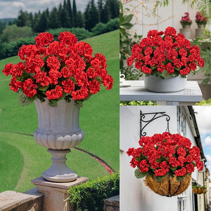 Uqueeten Artificial Flowers for Outdoors Artificial Geranium,8PCS Fake Flower Geranium Artificial Plant Home Decor,Silk Geraniums Artificial Flowers Realistic Outdoor Flower Decoration (Red) 14.4"