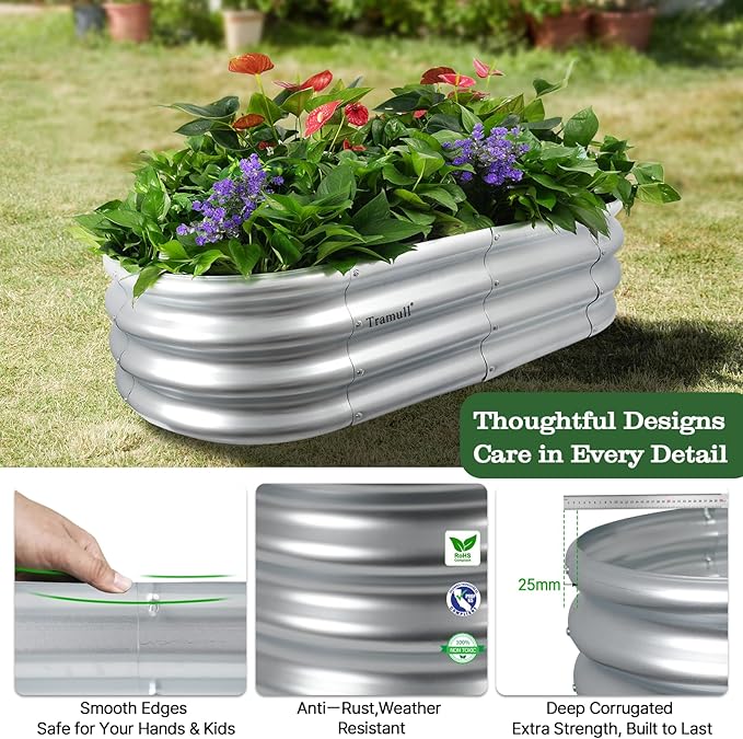 4x2x1 ft Galvanized Raised Garden Bed Outdoor, 1-Pack 12" Tall Metal Planter Boxes for Planting Vegetables, Flowers, Herbs, Tomato - Corrugated Rust-Resistant Elevated Garden Beds Kit, Silver