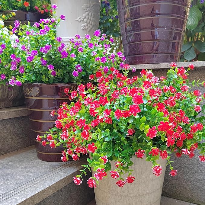 Grunyia 12 Bundles Artificial Flowers for Outdoors, UV Resistant Fake Flowers with Plastic Plants, Faux Flowers for Outside Window Box Front Porch Hanging Planter Decor (Red)