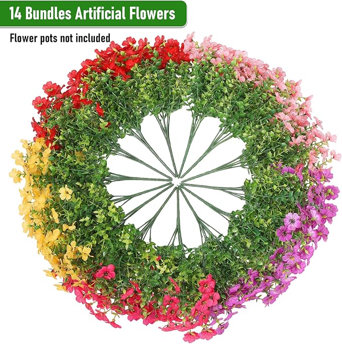 Artificial Flowers Outdoor, Faux Silk Flowers Plastic Plants for Outdoors Indoor Outside Front Porch Hanging Planter Window Box Garden Home Decoration, 14 Pack (Mix)