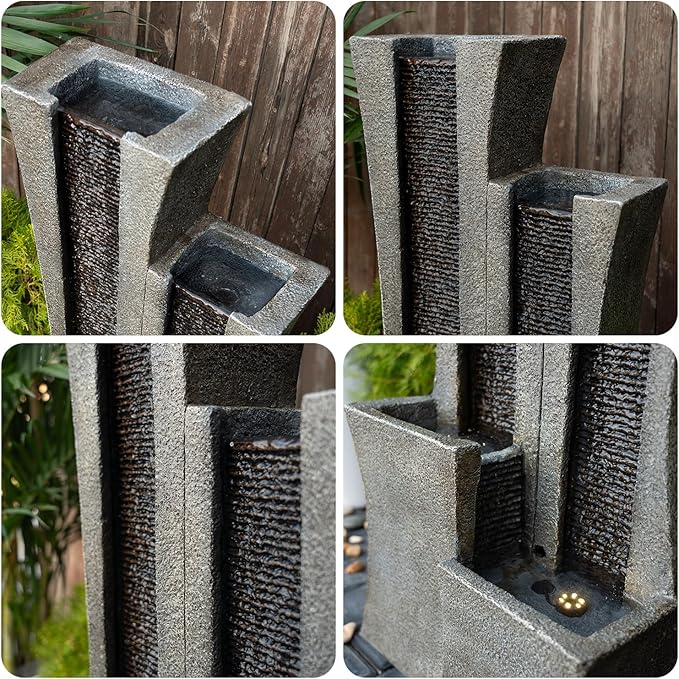 YZM 39.76" H Modern Outdoor Water Fountain with LED Lights Floor-Standing Cascading Waterfall with Dual Curved Columns for Garden Patio Deck Porch or Indoor Decor