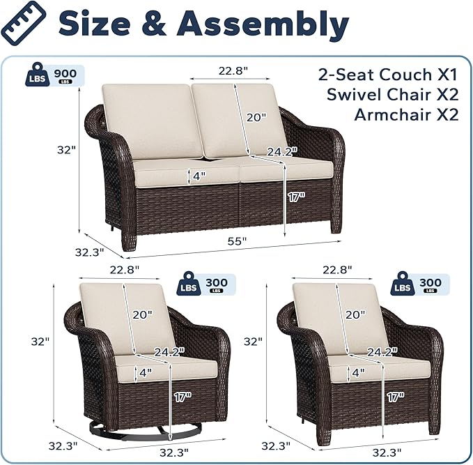 5 PCS Outdoor Conversation Set | 55" Couch, 2 Chairs, 2 Swivel Chairs, Patio Wicker Conversation Furniture with Removable Cushions for Bistro, Deck, Sunroom (Beige)
