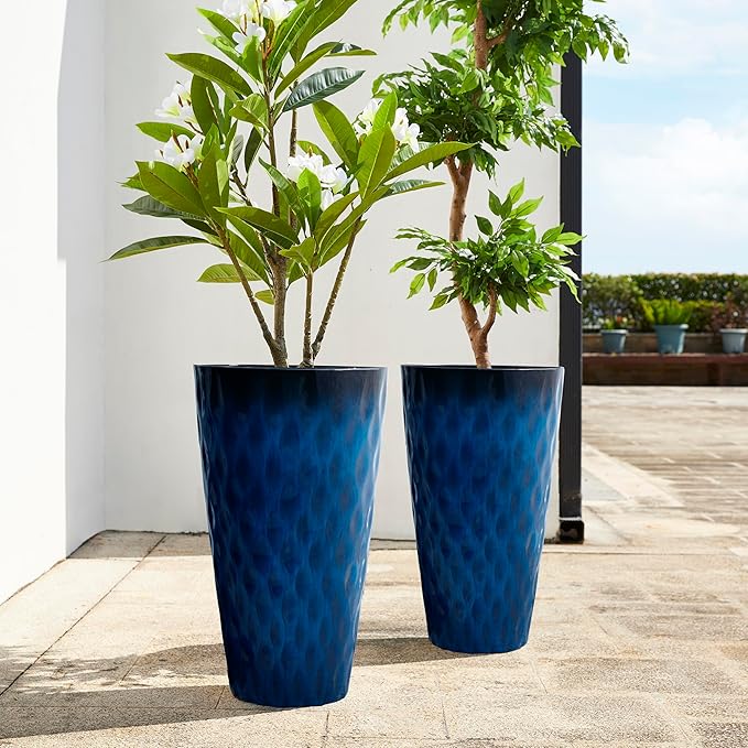 Glitzhome 23.75" H Tall Planter, Set of 2 Wavy Texture Cobalt Blue Large Tall Outdoor Planters, with Drainage Hole, Plastic Large Round Decorative Flower Plant Pot for Indoor, Front Porch