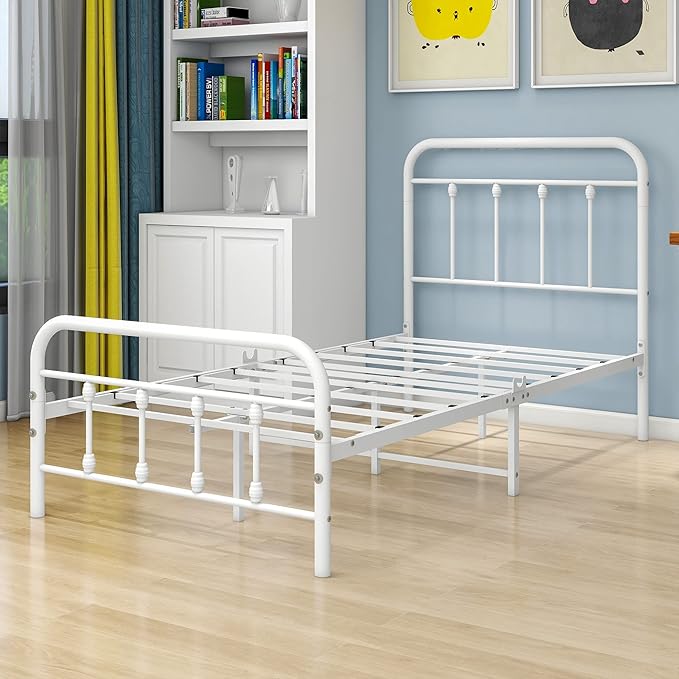 DUMEE Metal Twin Size Bed Frame Platform with Vintage Headboard and Footboard Sturdy Premium Steel Slat Support No Box Spring Needed, Textured White
