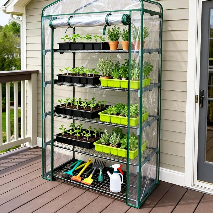GreensWord Small Greenhouse for Outdoors, Indoor Mini Greenhouse with Plastic Cover, Portable 5 Tier Plant Shelves, Green Houses for Outside Backyard, Winter Plants Warmer, Green, 19″x40″x75″