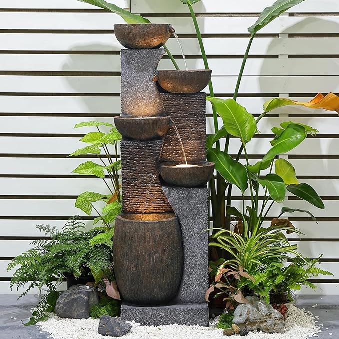 51.4" H Outdoor Garden Water Fountain for Garden, Patio, Backyard, Deck, Porch and Home Art Decor, 5 Tiers Modern Cascading Large Outdoor Fountain with Lights