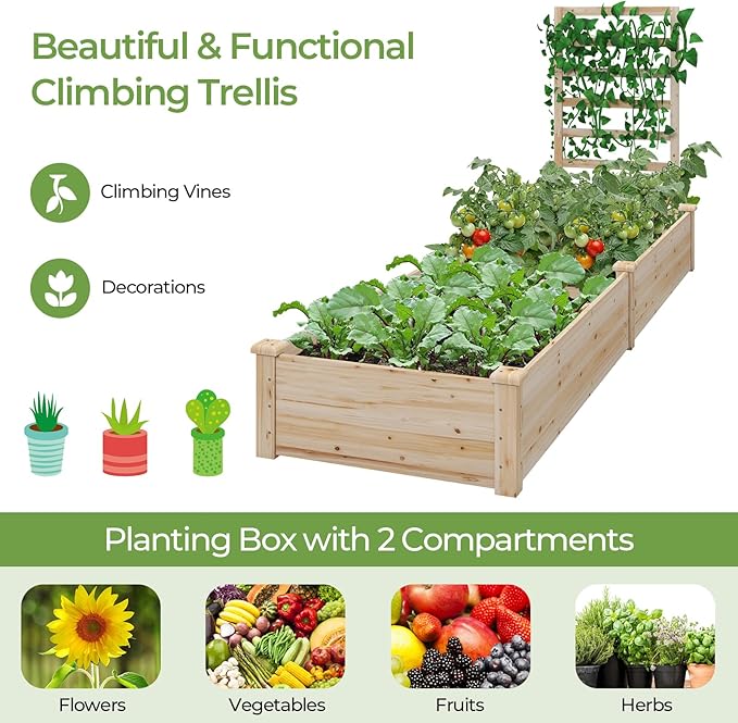 S AFSTAR Raised Garden Bed with Trellis & Planter Box, 93" L x 25" W x 40" H Outdoor Wooden Planter Box Kit for Flower Herb Vegetable Fruit Climbing Vines, Elevated Gardening Bed for Garden Patio