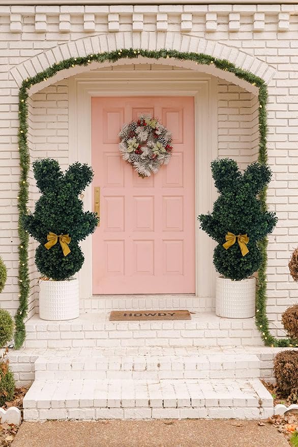 BLONYUVC 36'' Artificial Bunny-Shaped Topiary Double Ball Tree Pot UV-Resistant Bowknot Faux Boxwood Topiaries Plant for Porch Decor Outdoor/Indoor 2 Pack