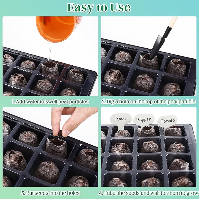 4 Sets Seed Starter Tray Kit Germination Starter Tray with Humidity Dome and Base Include 100 Peat Pellets 100 Plant Labels Garden Tools Plastic Plant Growing Trays for Greenhouse Garden, Black