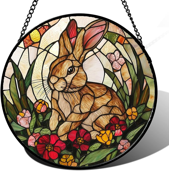 AMDERVEN Stained Glass Window Hanging, Cute Bunny Flowers Sun Catcher for Window Door Home Decor, Rabbit Suncatcher Christmas Mother's Day Birthday Gifts for Women Men Mom and Nana 7.8 in