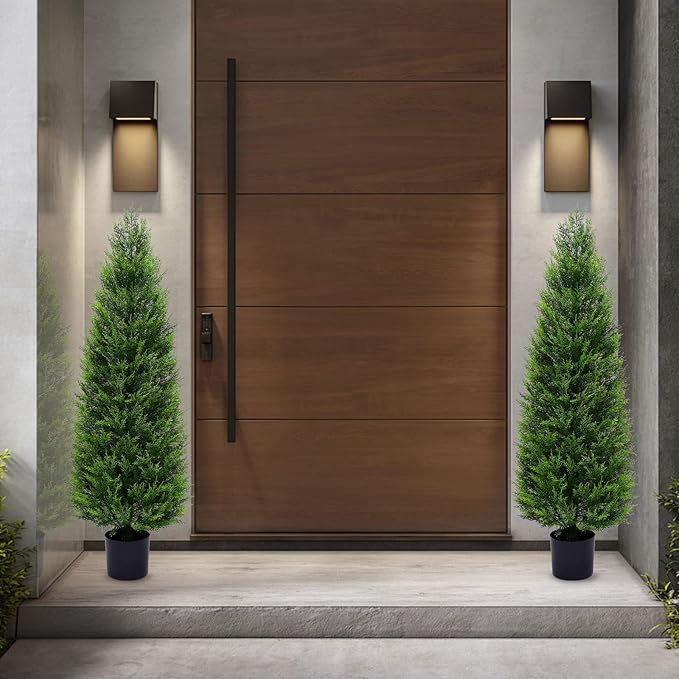 VIVATREES 2Pack 5ft Outdoor Artificial Cedar Topiary Trees, All-Weather Faux Pine for Home Porch Entryway Decor