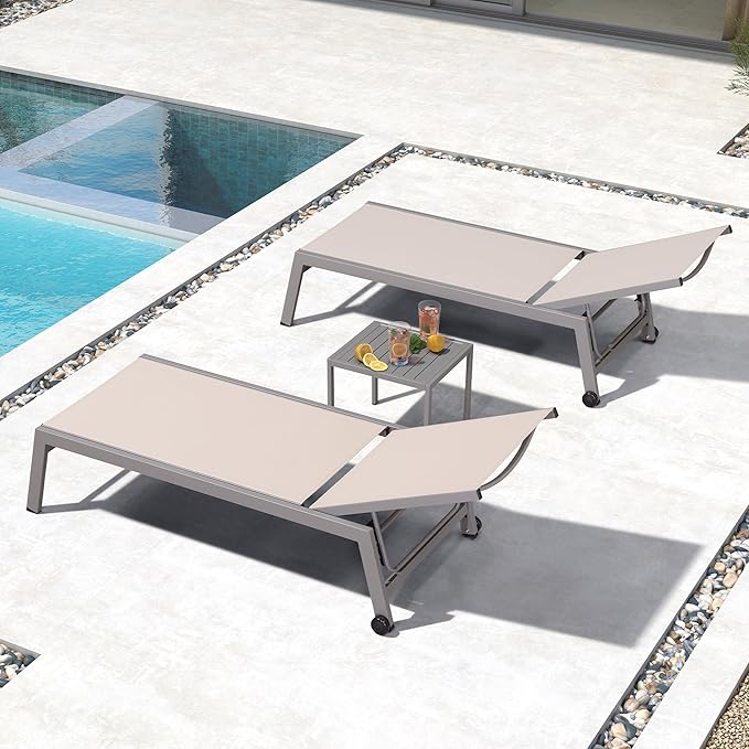 PURPLE LEAF Outdoor Chaise Lounge Set for 2 Oversized Pool Lounge Chairs with Easy-to-Move Wheels and Adjustable Backrest Extra Large Patio Loungers for Poolside Deck Beach Yard Table Included, Khaki