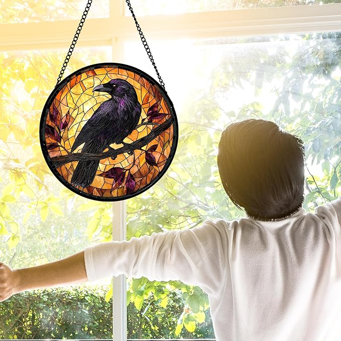 DASTOLL Stained Glass Window Hanging - Crow on a Branch Suncatcher Ready to Hang Window Doors Home Decoration and Christmas, Mother's Day Birthday Gifts for Women, Men, and Mom 7.8x7.8 in
