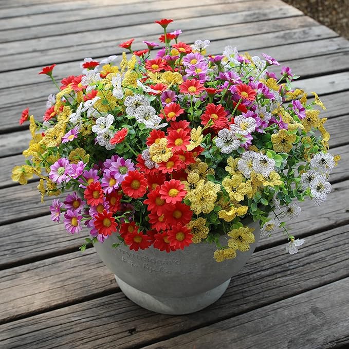HIFORESTAR Artificial Outdoor Flowers 12 Bundles Spring Summer Silk Fake Plants Colorful Outside Realistic Wild Flower Plants Vibrant Durable Perfect Front Porch Planter Decoration (Multi Colour 1#)