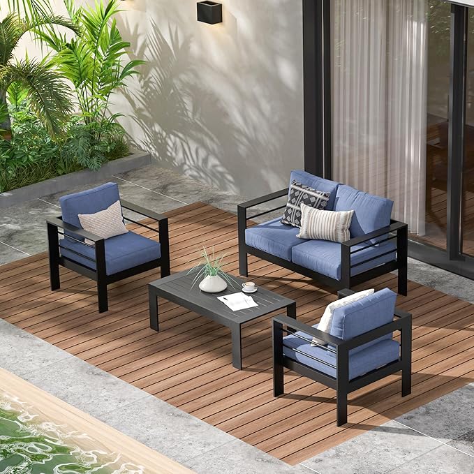Wisteria Lane Aluminum Patio Furniture Set for All Weather, Oversized Metal Outdoor Furniture Set with 27.5" Deep Seat and 10" Back Cushion, Patio Conversation Sets with Wide armrest, Blue