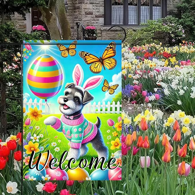 Spring Summer Garden Flag Flower Dog Garden Flags For Outside Welcome Flags 12x18 Double Sided Yard Outdoor Decorative Egg Butterfly Garden Flag
