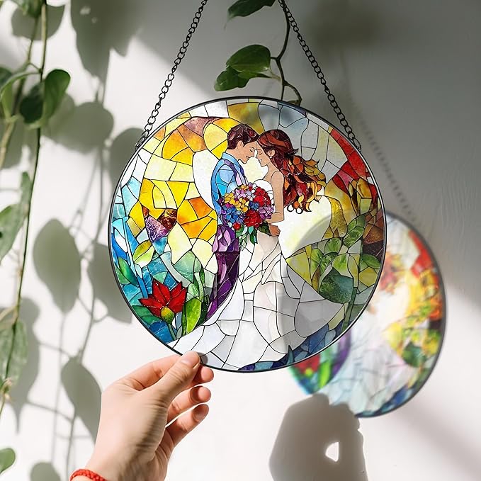 LAOWEIKI 8'' Romantic Couple Wedding Sun Catcher Ornament, Stained Glass Window Hanging, Suncatchers for Windows Hanging Ornaments, Window Decor | Ideal Gift, Wedding Gift, Gifts for Couple & Newlywed