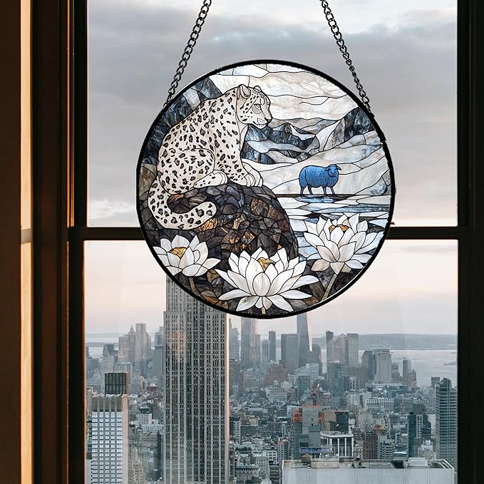 Stained Glass Window Hanging - Snow Mountain Lotus Suncatcher for Doors Garden Patio Leopard Sun Catchers Decor Christmas Mother's Day Birthday Gifts for Women Men Mom Nana Friend 11.8 in