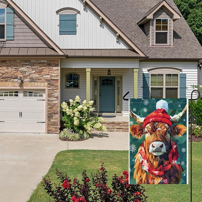 Highland Cow with Red Scarf and Hat Snowflake Christmas Garden Flag, 28x40 Inch Double Sided Linen Holiday Red Winter Farmhouse Yard Outdoor Decoration (4323)