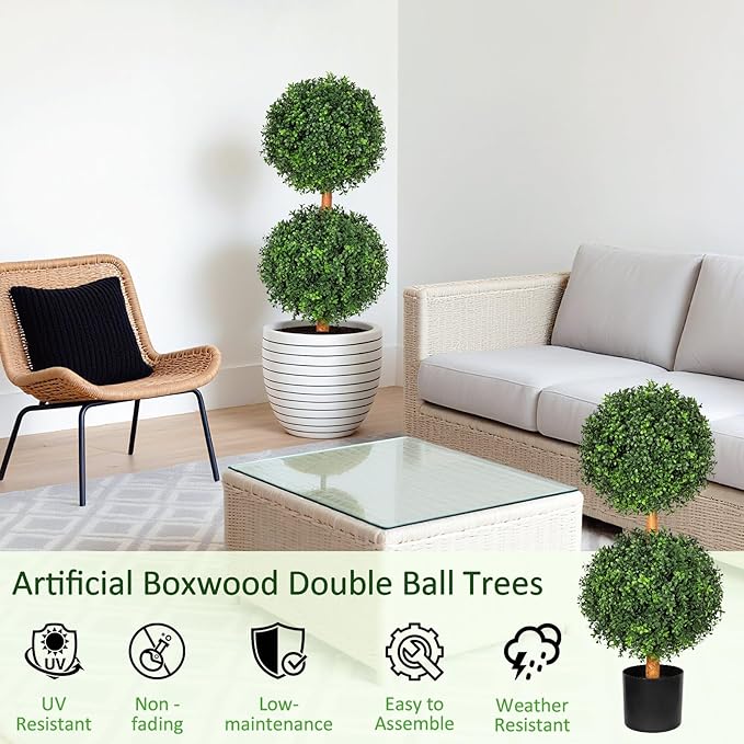Artificial Boxwood Double Ball Topiary Trees, UV-Resistant Topiary Trees Artificial Outdoors, 3Ft-35 Evergreen Faux Boxwoods for Outdoor Front Porch Decor Home Patio, Set of 2