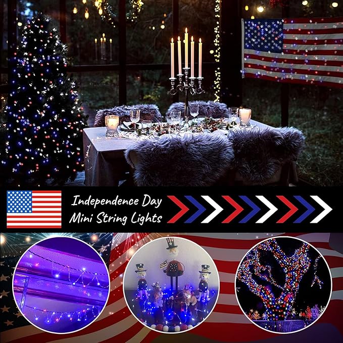 YAOZHOU 4th of July Patriotic Decorations,Red White Blue Solar Fairy String Lights Outdoor Waterproof, 2Pack Total 200LED 66Ft,IP67 8 Modes Outside Memorial Day for Garden,Patio, Yard