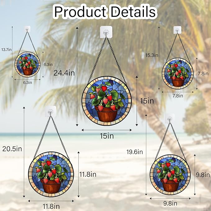 Stained Glass Window Hanging Red Strawberry Potted Plants Large 11.8" - Suncatcher Door Garden Sun Catcher Fall Home Decor Birthday Christmas for Mom Men Woman Nana Friend