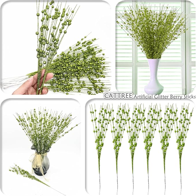 Artificial Glitter Berry Stem Ornaments, Fake Christmas Picks Decorative 17 inches Glitter Bead Sticks for Christmas Tree DIY Wreath Crafts Vase Gift Fireplace Holiday Home Decor - Green 10 Pack