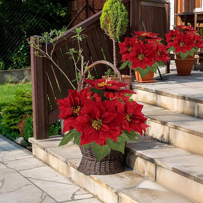 14" Artificial Poinsettias Christmas Plants with Red Berry Fake Poinsettia Flowers in Pot for Home Garden Portch Office Indoor Outdoor Christmas Decorations Red