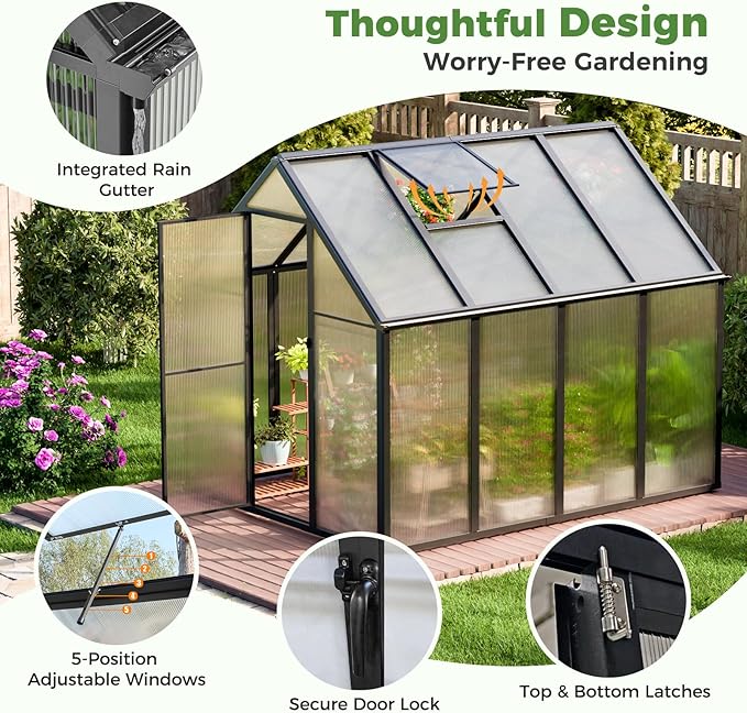 WACASA 8x6x6 FT Greenhouse for Outdoors, Easy Assembly Aluminum Frame Polycarbonate Greenhouse Kit with Vent Window, Swing Door, Walk-in Sunroom for Backyard Garden
