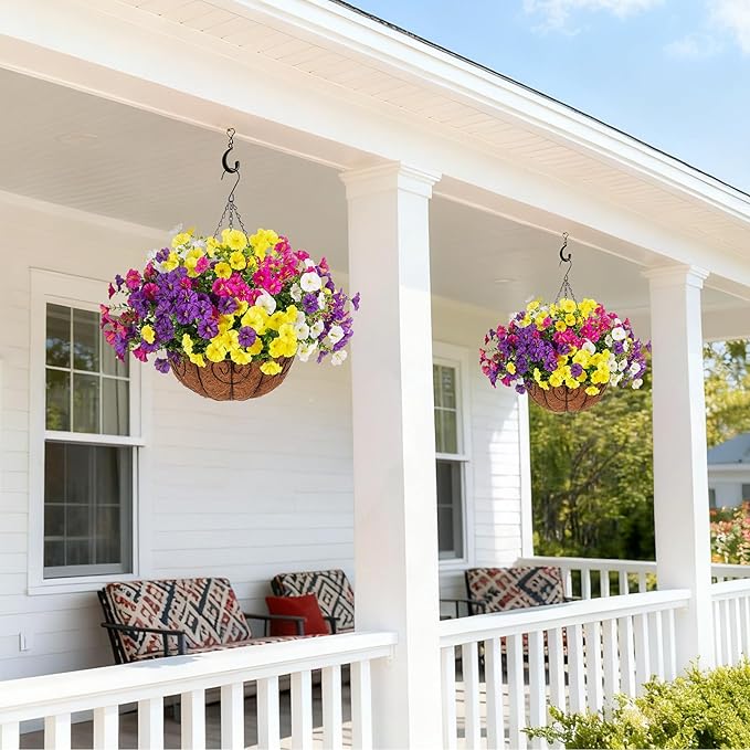 Artificial Fake Hanging Flowers with Basket for Outdoors, Faux Petunias Flowers Fake Hanging Plants with Eucalyptus Realistic UV Resistant for Outside Patio Garden Porch Balcony Yard Decor(4 Colors)