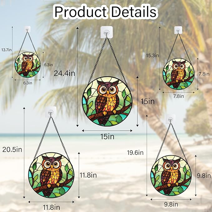 HWRHTR Stained Glass Window Hanging - Owl on a Branch Suncatcher for Doors Window Home Orange Brown Sun Catchers Decor Christmas Mother's Day Birthday Gifts for Teacher Women Men Mom Nana 15 in